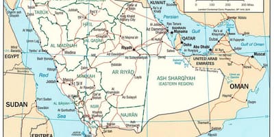 Mapa ng Saudi Arabia na may pangalan ng lungsod
